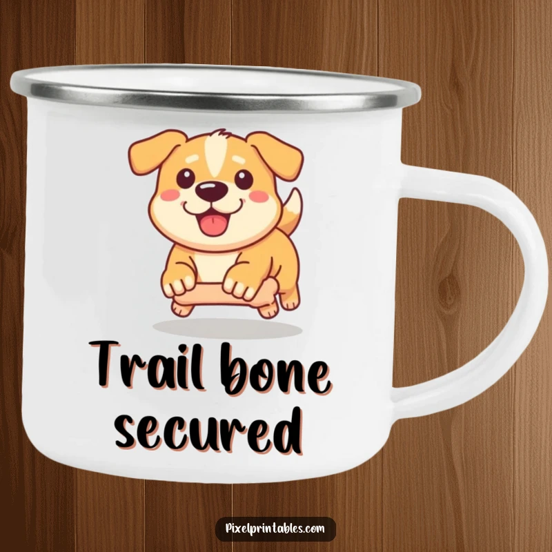 Funny Pixel Dog Camping Mug: Determined pixelated dog chasing a pixel bone, durable pixel art mug for adventures.