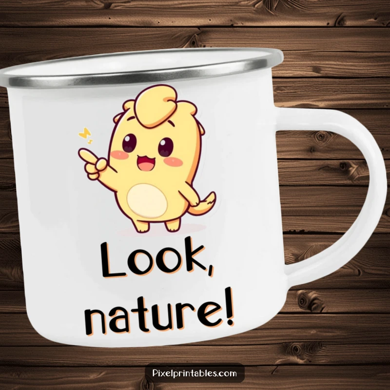 Funny camping mug with an enthusiastic pixelated character pointing. Inspires curiosity on the go.