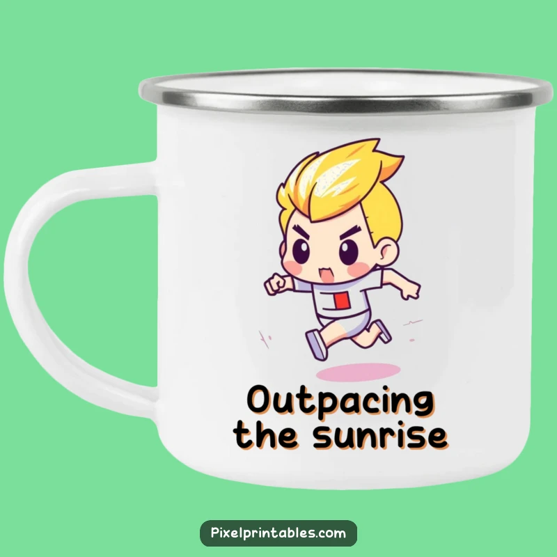 Funny Pixel Race Camping Mug: Determined Character Retro Speed Cup