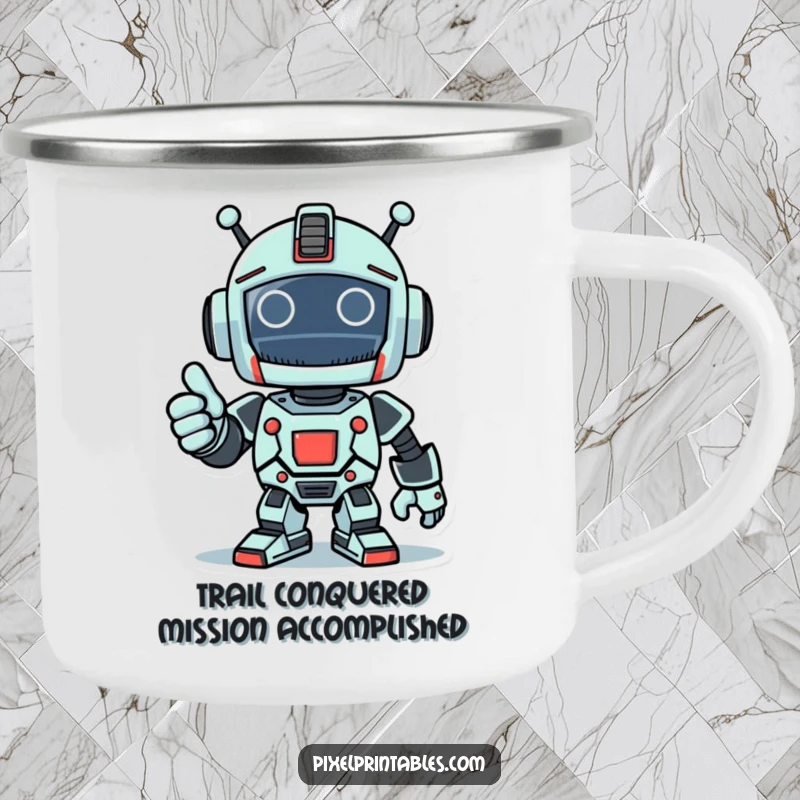 Funny metal camping mug featuring a pixelated robot giving a thumbs-up, for celebrating wins outdoors.