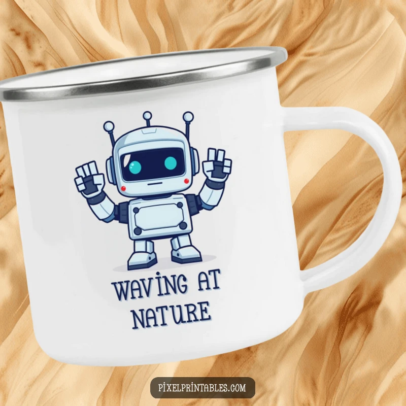 Funny camping mug with a pixelated robot enthusiastically waving with square hands, perfect for retro outdoor enjoyment.
