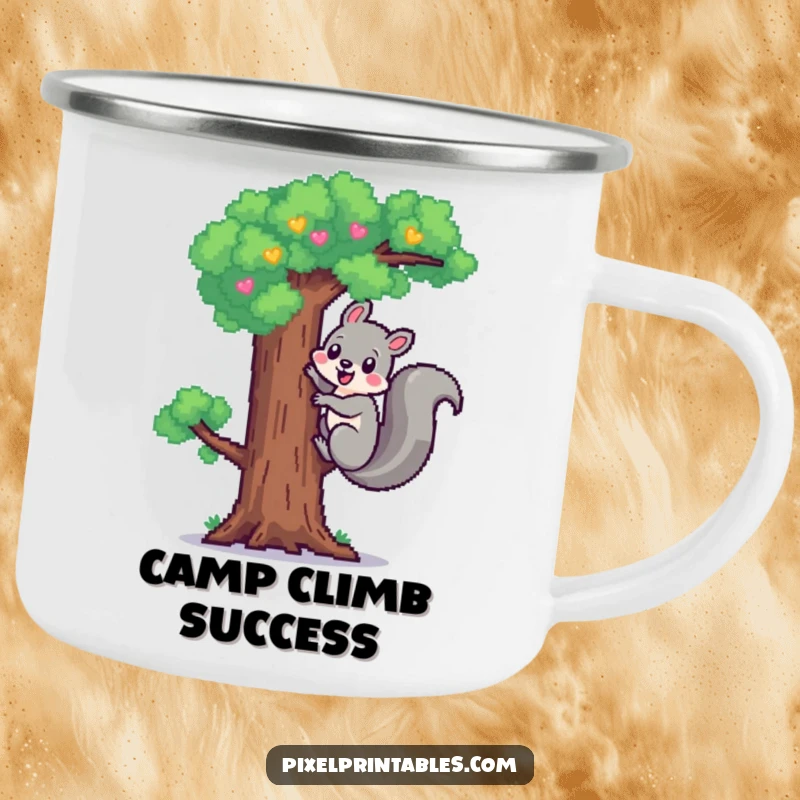 Funny Pixel Squirrel Camping Mug: Cheerful pixelated squirrel climbing a pixel tree, durable pixel art mug for adventures.