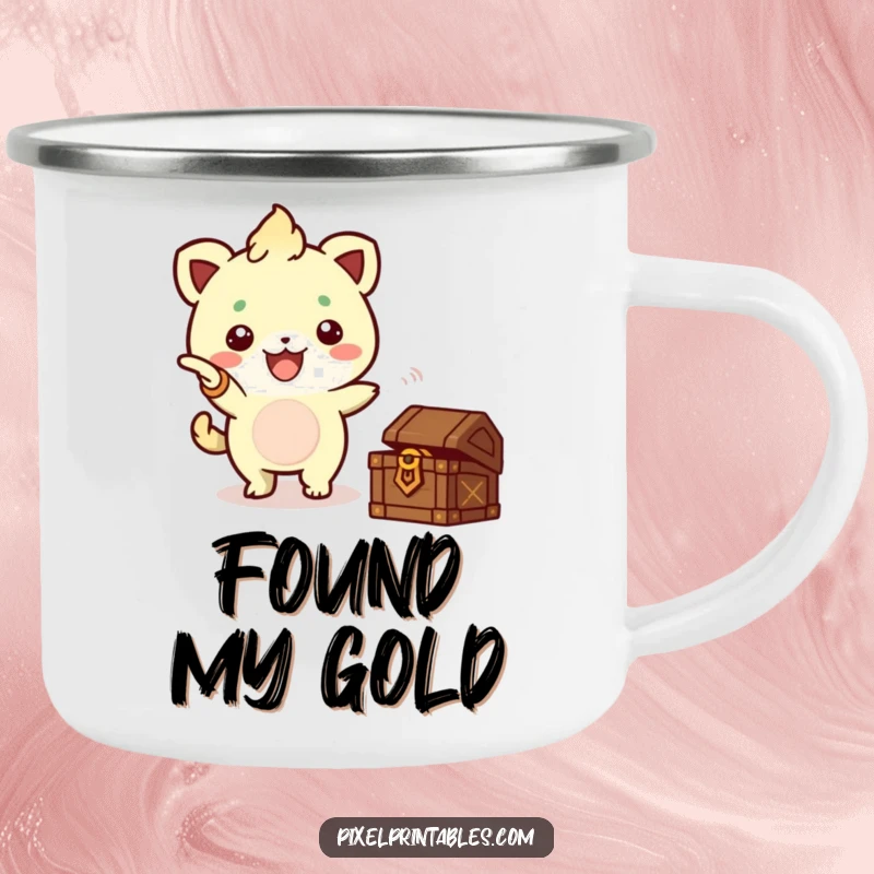 Funny Pixel Creature Treasure Camping Mug, a cute pixelated creature pointing to a treasure chest, for outdoor adventures.
