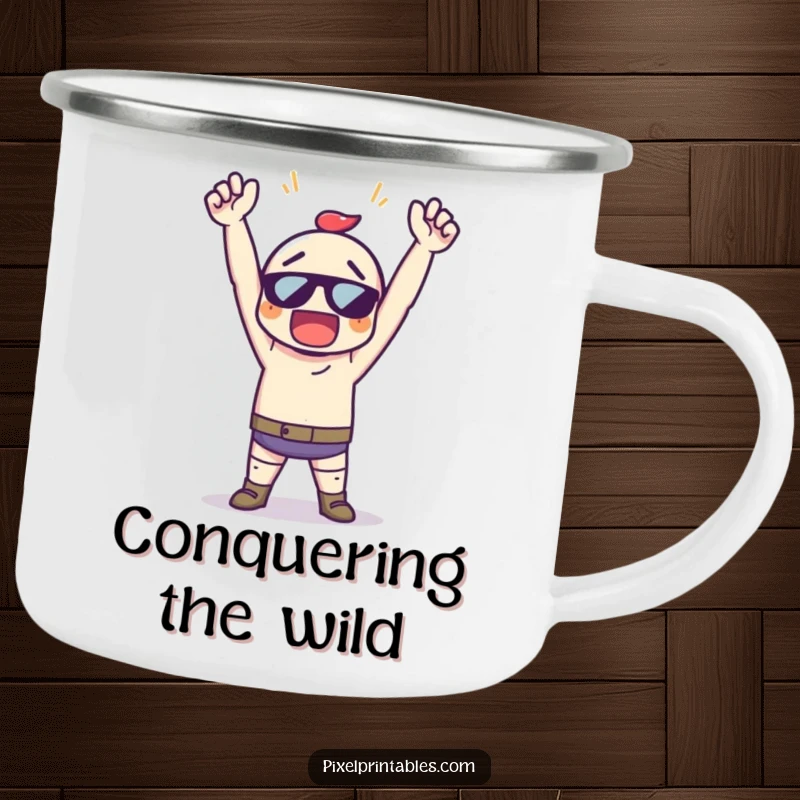 Funny Pixel Art Victory Camping Mug, a pixelated character in a triumphant pose, durable for camping trips.