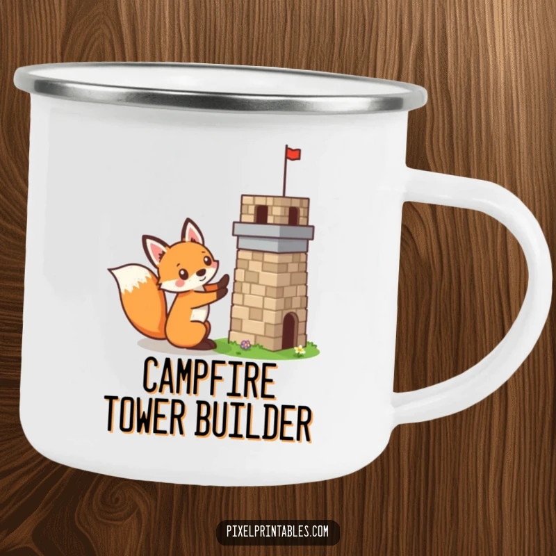 Funny pixelated fox building a tiny pixelated tower, mischievous builder, retro pixel art camping mug, durable outdoor gear.