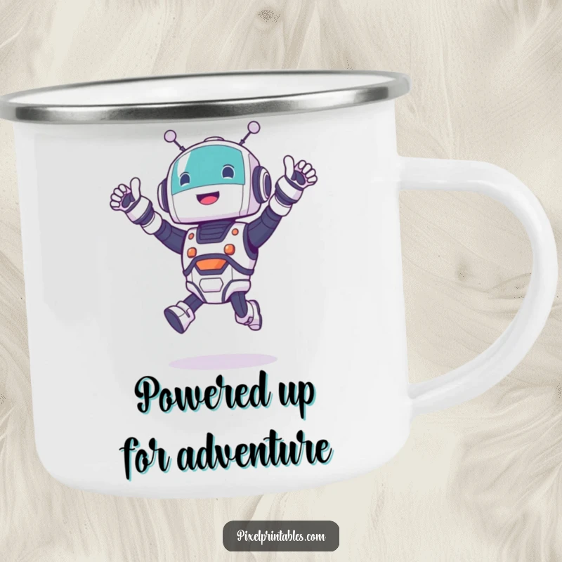Funny robot jumping camping mug featuring a cute character cheering excitedly, ideal for outdoor enthusiasts.
