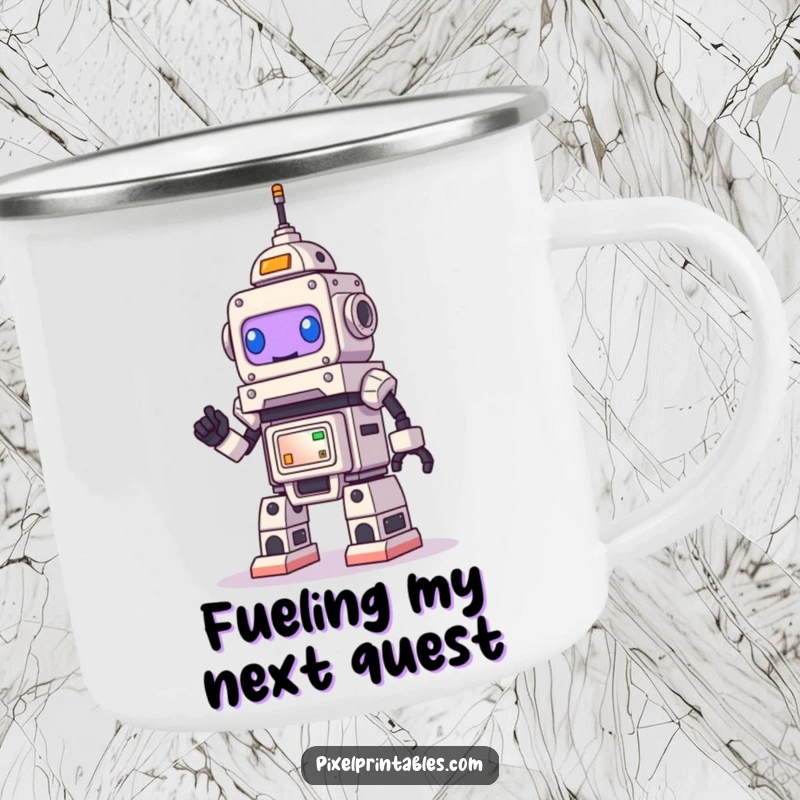 Funny Robot Camping Mug, a smiling bot constructs pixel art, durable and great for outdoor enthusiasts.