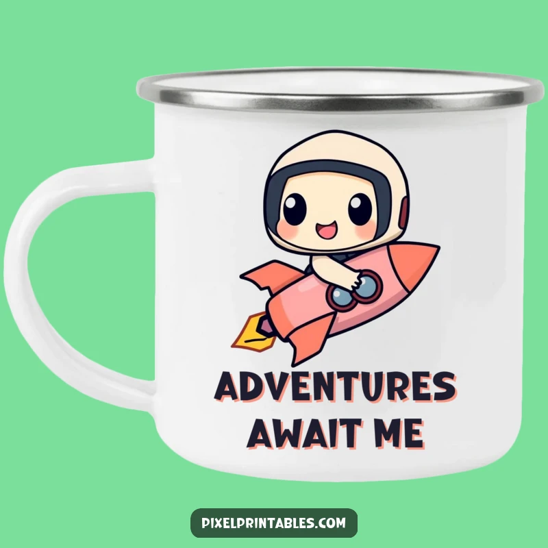 Funny Rocket Rider Camping Mug: Happy Character's Cosmic Adventure Cup