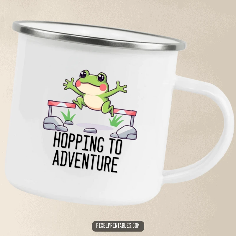 Funny pixelated frog camping mug showing a happy frog jumping over pixelated obstacles, perfect for rugged outdoor use.