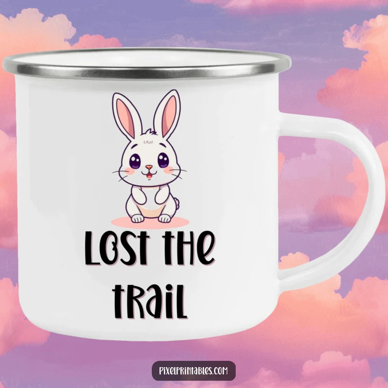 Funny pixelated rabbit peeking around a pixelated corner on a camping mug, a retro gaming design for outdoor trips and surprises.
