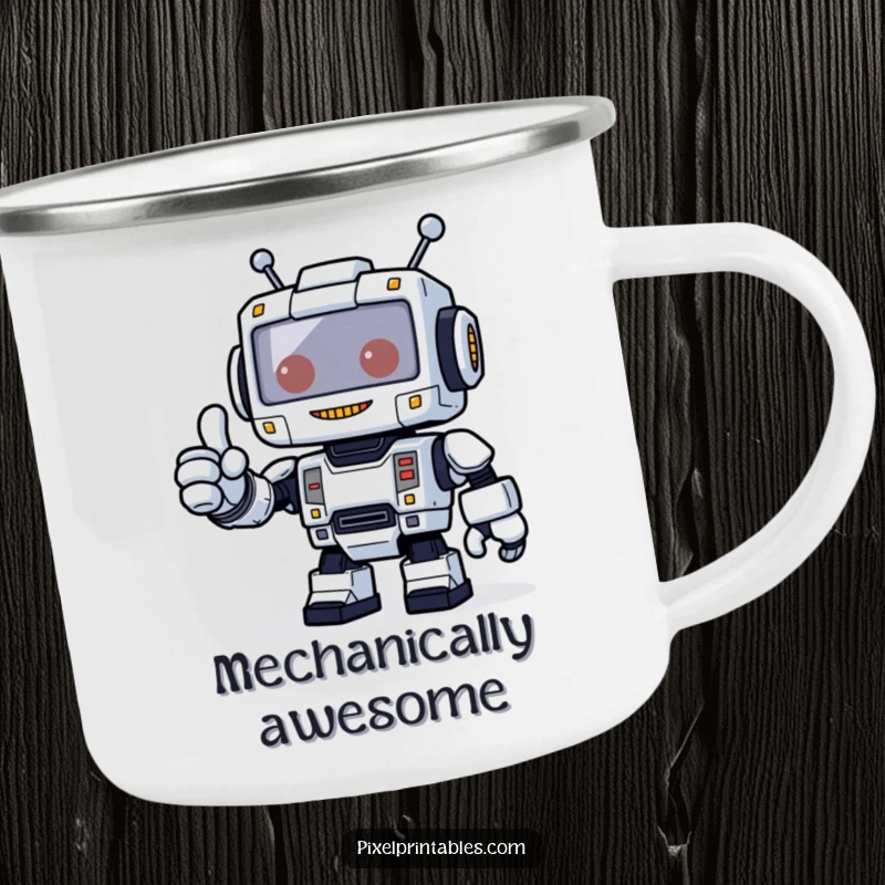 Funny camping mug with a blocky pixelated robot giving a thumbs up, perfect for humorous outdoor enjoyment.
