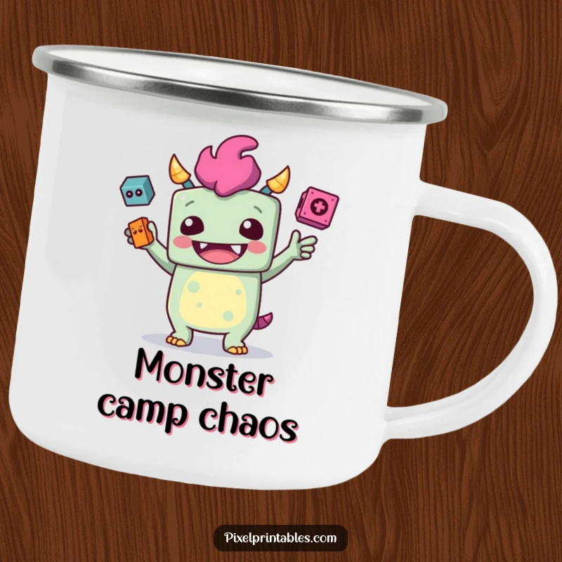 Funny camping mug with a giggling, blocky monster juggling pixelated objects, ready for outdoor fun.