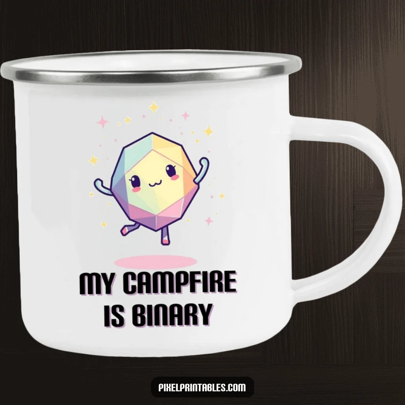 Funny pixelated geometric shape dancing energetically with sparkling pixels, durable retro camping mug.