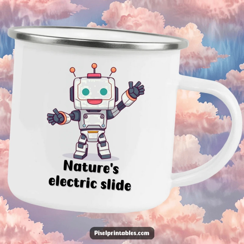 Funny camping mug with a cute, blocky robot character joyfully dancing, perfect for outdoor fun.