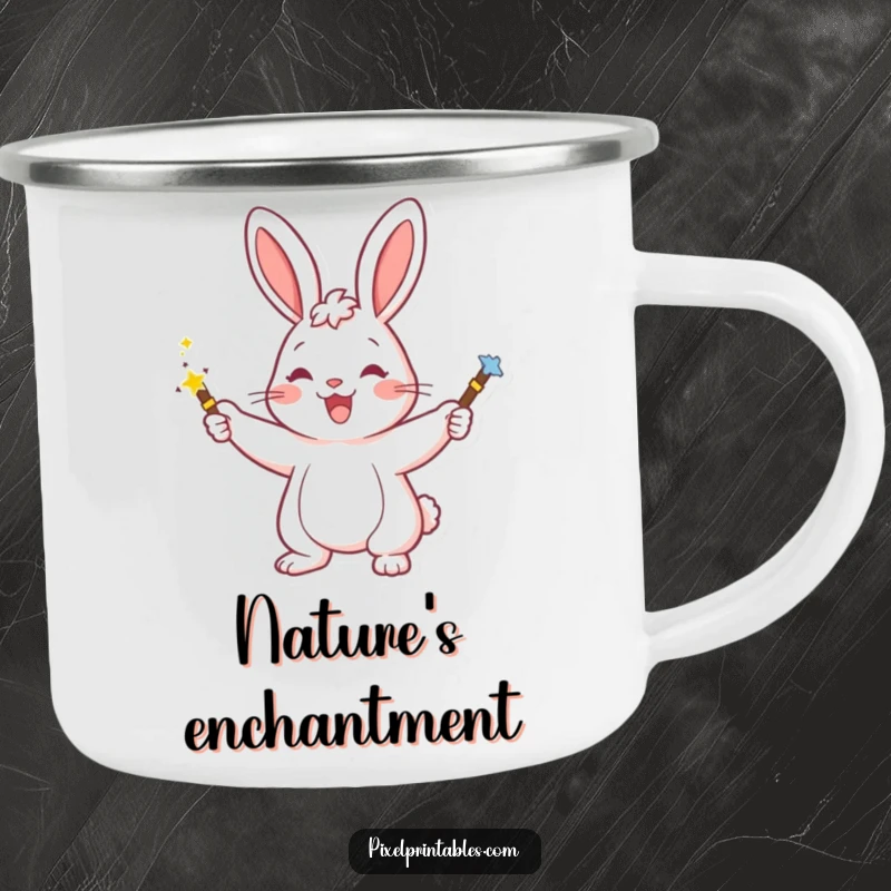 Funny camping mug with a happy rabbit waving a pixelated magic wand, designed to bring enchantment to outdoor moments.