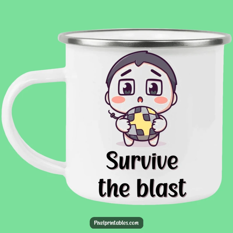 Funny Pixel Bomb Camping Mug: Surprised Gamer's Adventure Gear