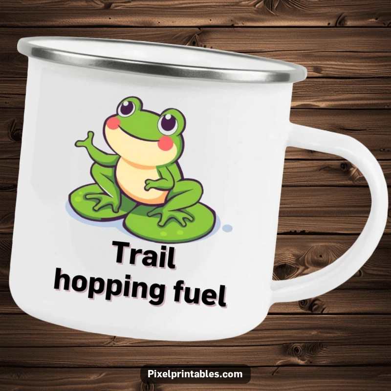 Funny Pixel Frog Camping Mug: A happy pixelated frog hopping on pixel lily pads, ideal for retro outdoor adventures.