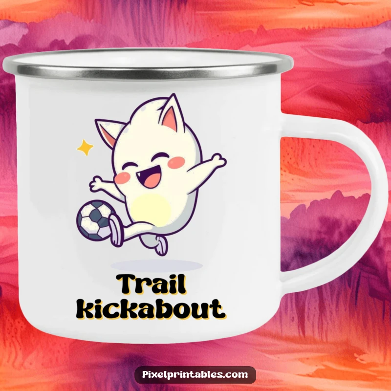 Funny pixel kicker camping mug depicting a mischievous character with pointed pixels joyfully kicking a pixel ball, ideal for travel.