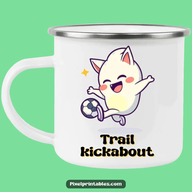 Funny Pixel Kicker Camping Mug: Mischievous Character's Pixel Ball Gear