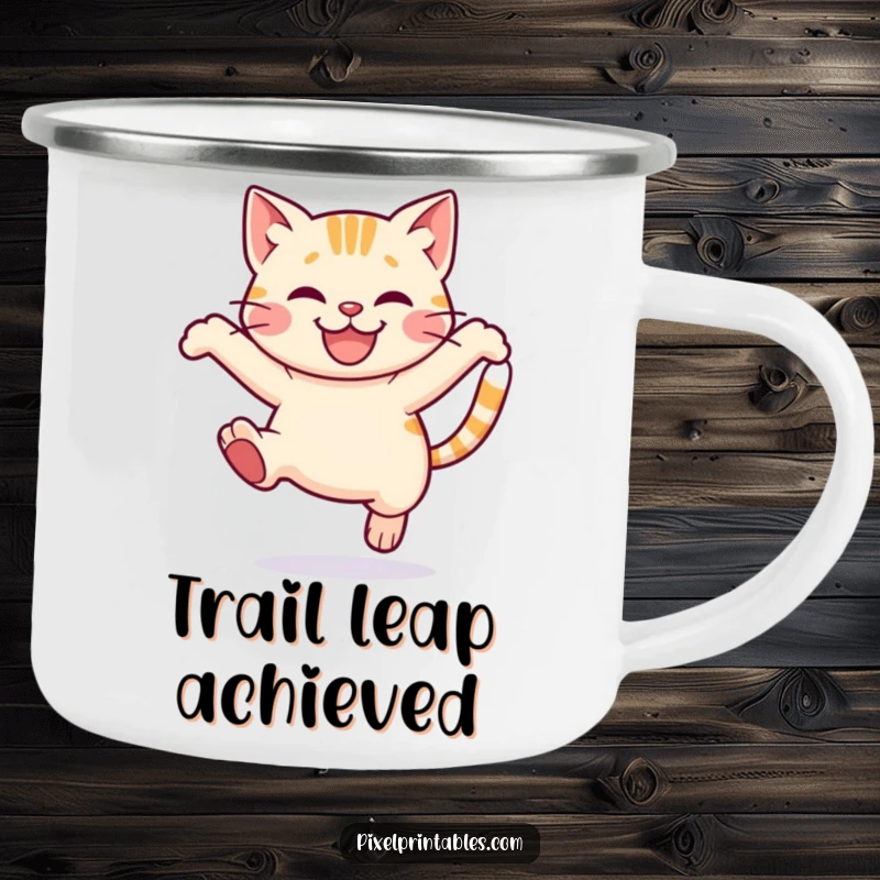 Funny Pixel Cat Camping Mug: Cute pixelated cat leaping joyfully, durable pixel art mug for adventures.