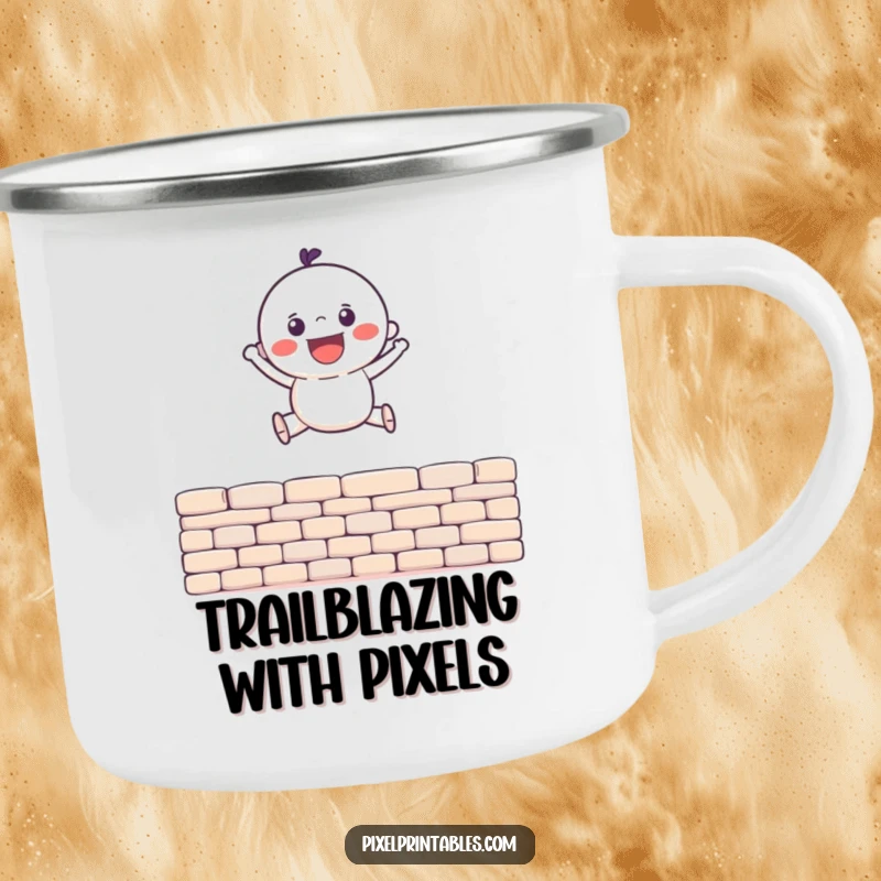Funny Camping Mug displaying a gleeful pixel character leaping over a pixel wall, ideal for outdoor adventures and funny gifts.