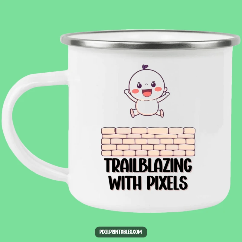 Funny Pixel Jump Camping Mug: Gleeful Character, Retro Outdoor Humor