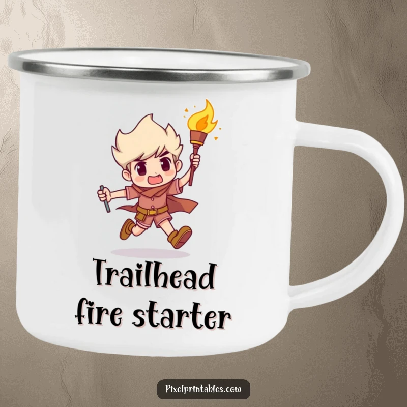 Funny Camping Mug: A character sprints with a torch, embodying adventurous spirit and humor, perfect for outdoor trips and as a funny gift.