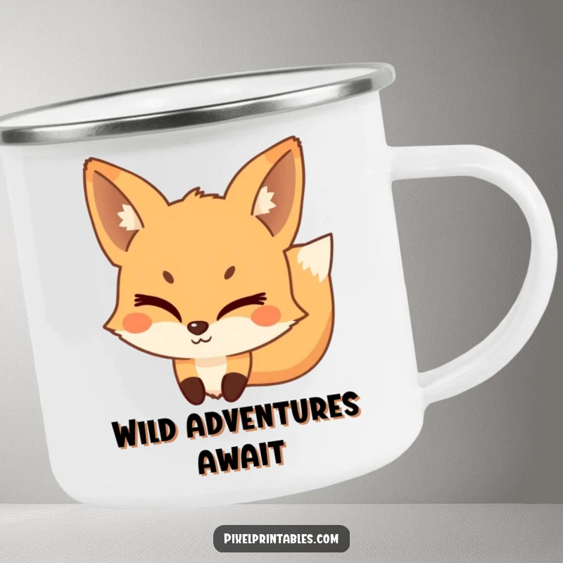 Funny Pixel Fox Camping Mug featuring a playful, pixelated fox winking mischievously, perfect for enjoying drinks outdoors.