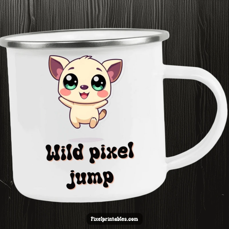 Funny camping mug with a happy, jumping pixelated creature, perfect for retro-themed outdoor enjoyment.