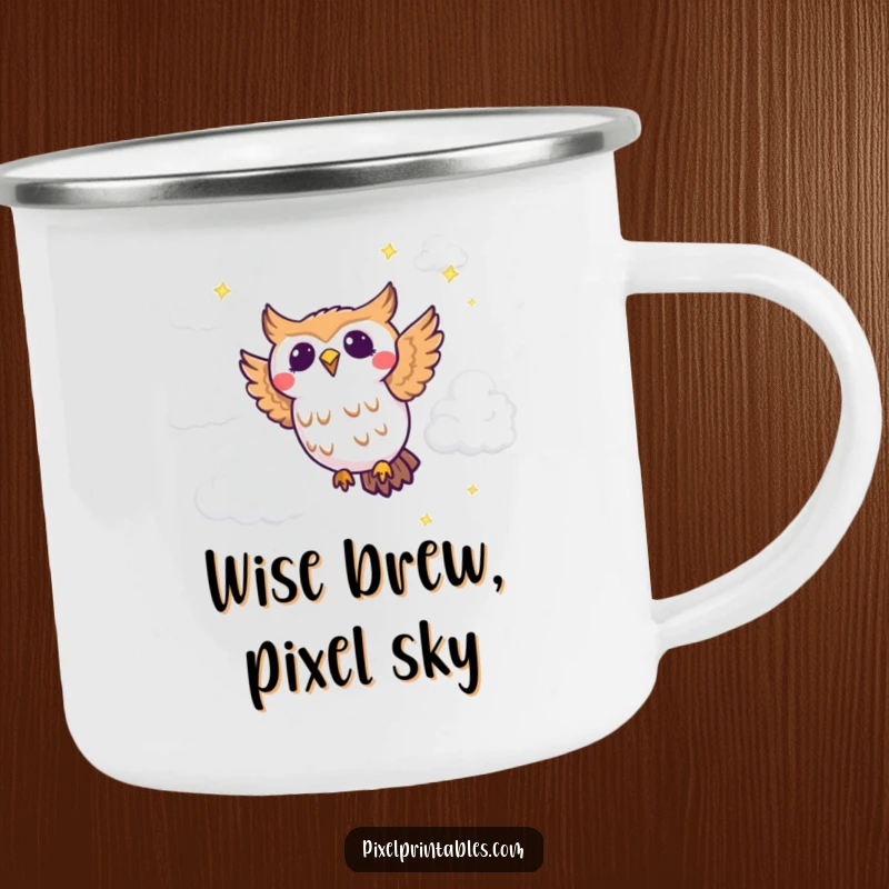 Funny pixel owl camping mug with a joyous pixelated owl flying through pixel clouds, for retro outdoor fun.