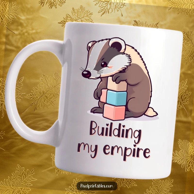 Funny determined badger meticulously stacking pixelated cubes. Ideal funny gift for builders and gamers.