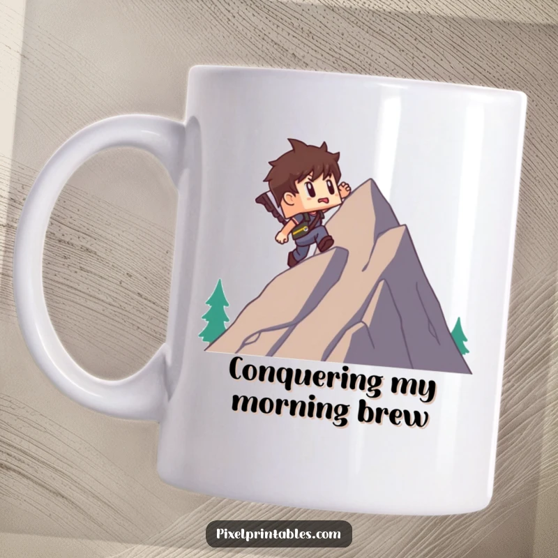 Funny mug featuring a determined, blocky pixel adventurer character scaling a pixelated mountain with great effort and a funny expression.