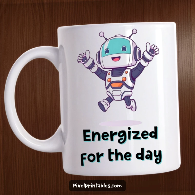 Funny robot mug with a cute character excitedly jumping and cheering, ideal for tech enthusiasts and fans of positive energy.