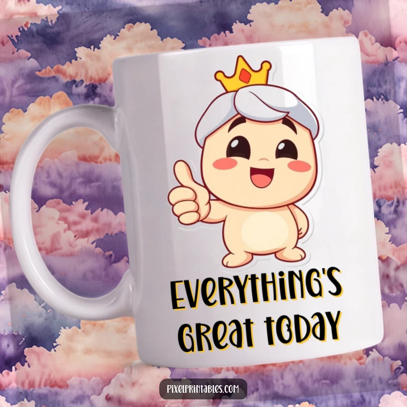 Funny thumbs up mug featuring a happy character with a wide grin giving a positive gesture.