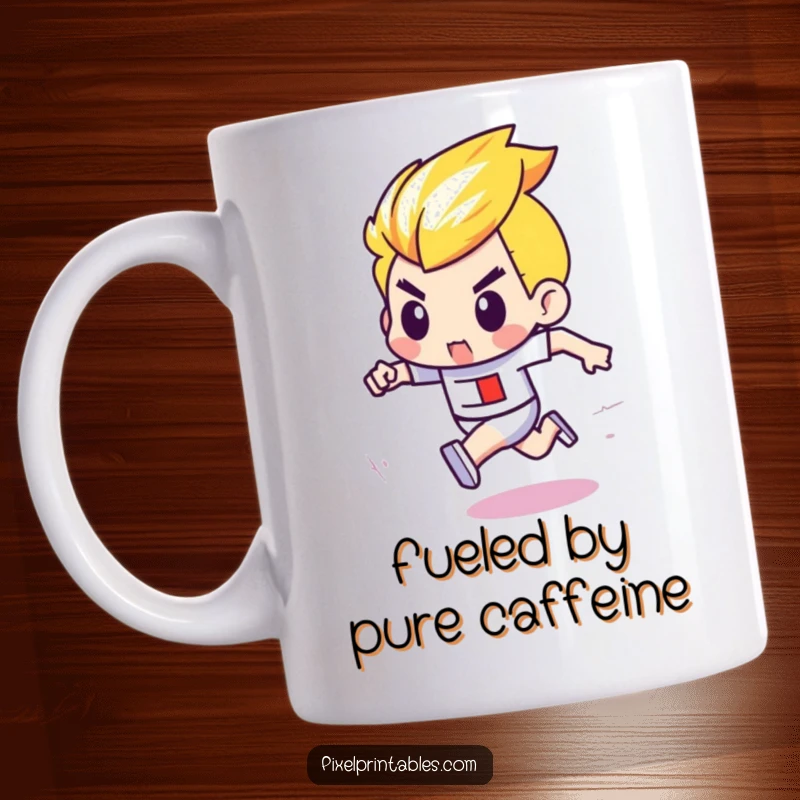Funny mug depicting a determined pixel character with bold outlines intensely focused on winning a pixelated race, evoking retro speed.