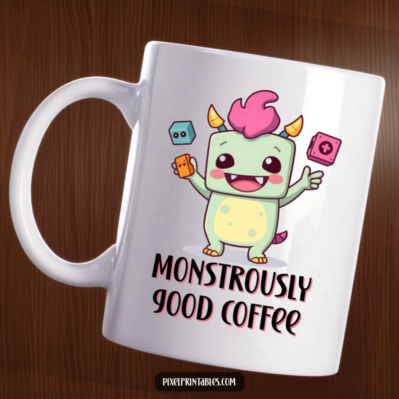 Funny mug with a giggling, blocky monster character juggling pixelated items with playful skill.