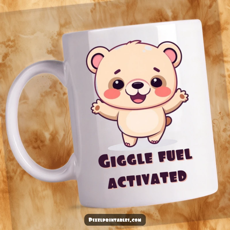 Funny pixel bear mug featuring a giggling pixelated bear performing a silly dance, bringing joy and humor.