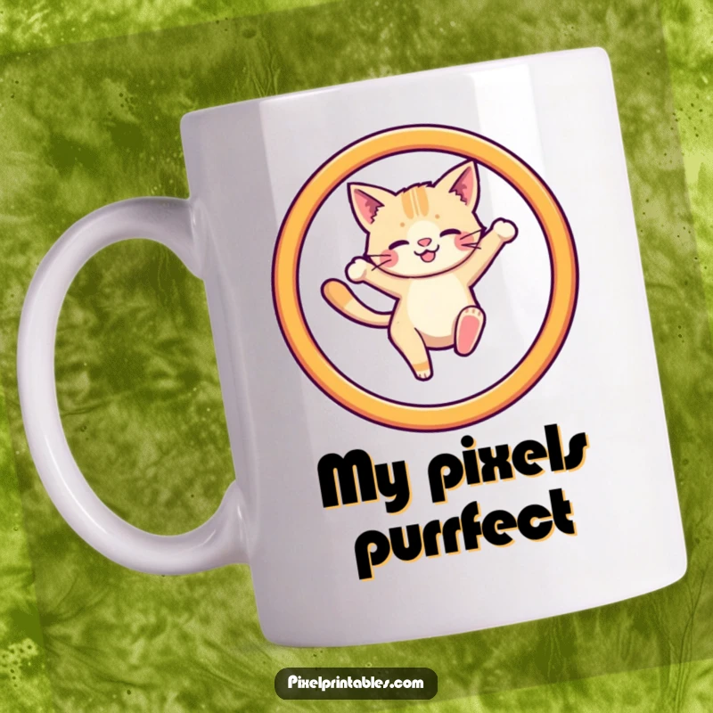 Funny retro mug featuring a cute pixelated cat bravely leaping through a pixelated hoop with determination.