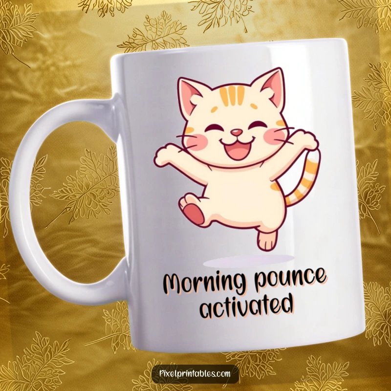 Funny Pixel Cat Mug: Cute pixelated cat smiling and leaping playfully, retro pixel art design.