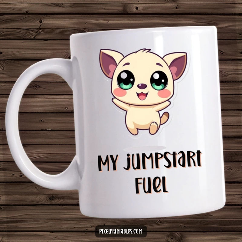 Funny pixel art mug with a stylized creature, large eyes, and a happy jumping pose, radiating retro joy.