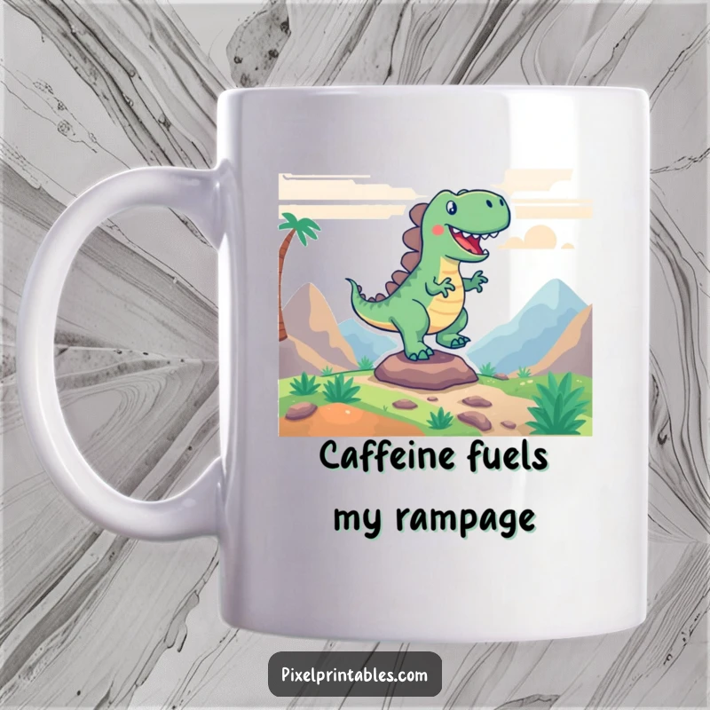 Funny mug featuring an excited cartoon dinosaur stomping joyfully in a vibrant pixelated world, capturing retro gaming vibes.