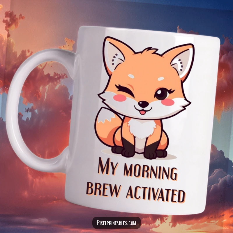 Funny Pixel Fox Mug: A mischievous pixelated fox winks playfully, embodying retro gaming charm, perfect for a humorous present.