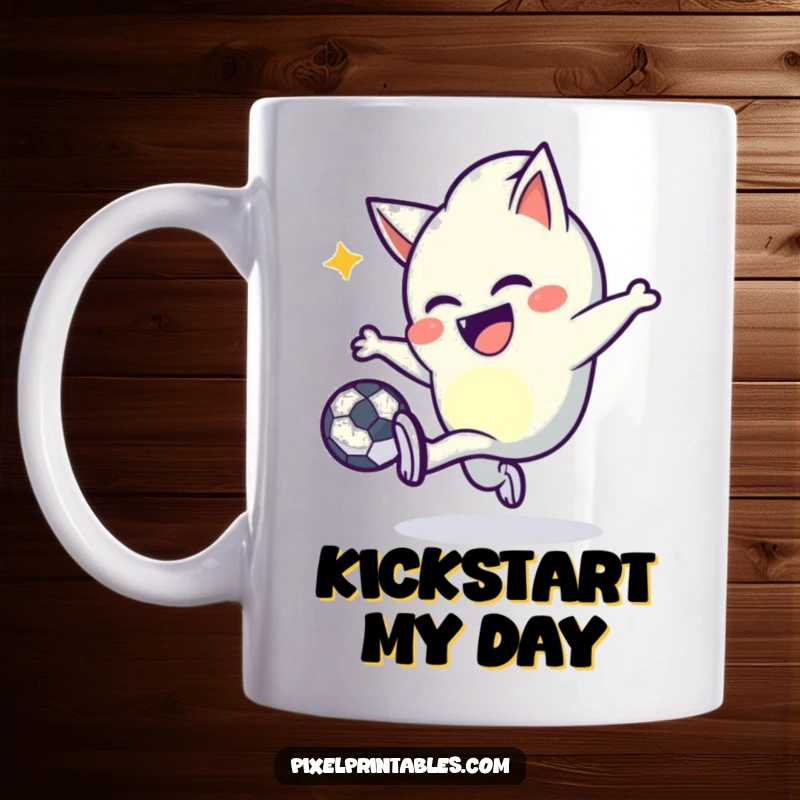 Funny pixel kicker mug showing a mischievous character with pointed pixels joyfully kicking a pixel ball with a grin.