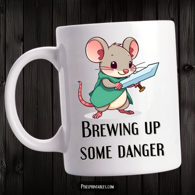 Funny mug showing a curious mouse intently crafting a pixelated sword, ideal for gamers and fantasy fans.