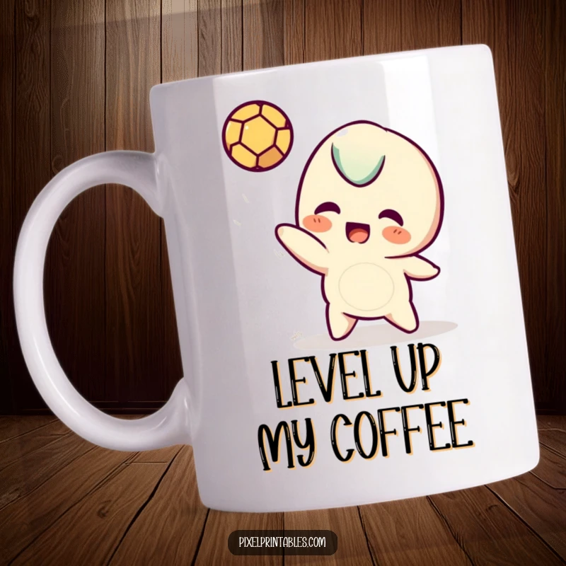 Funny pixel mug showing a cute, blocky character mid-toss with a small pixel ball, evoking retro gaming vibes.