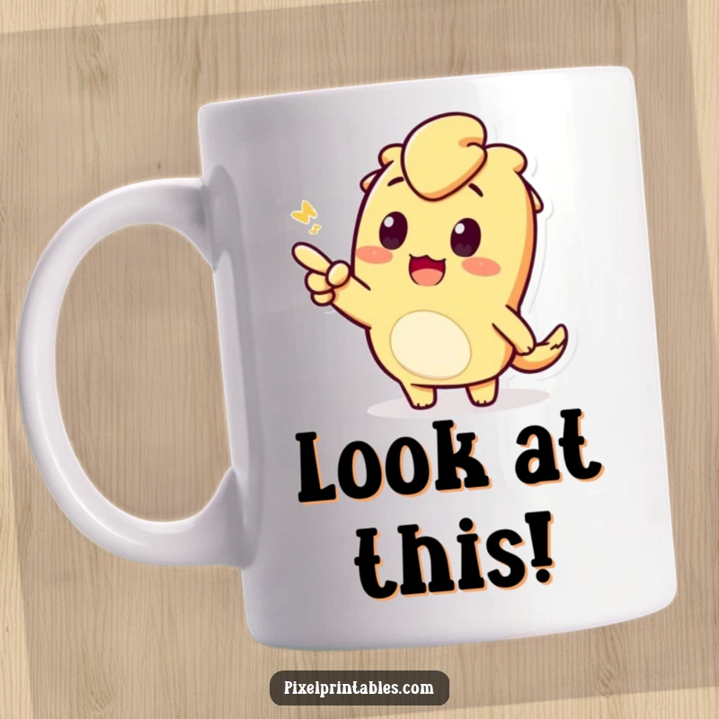 Funny mug showing an enthusiastic, pixelated character curiously pointing at something off-frame. Engaging and inquisitive.