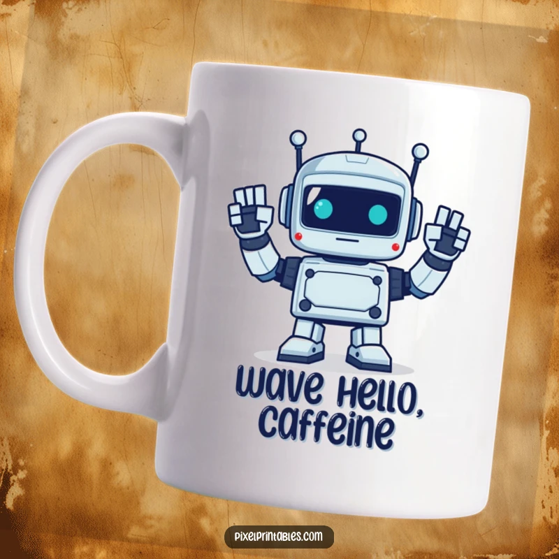 Funny mug featuring a pixelated robot enthusiastically waving with its square hands, exuding retro friendliness.