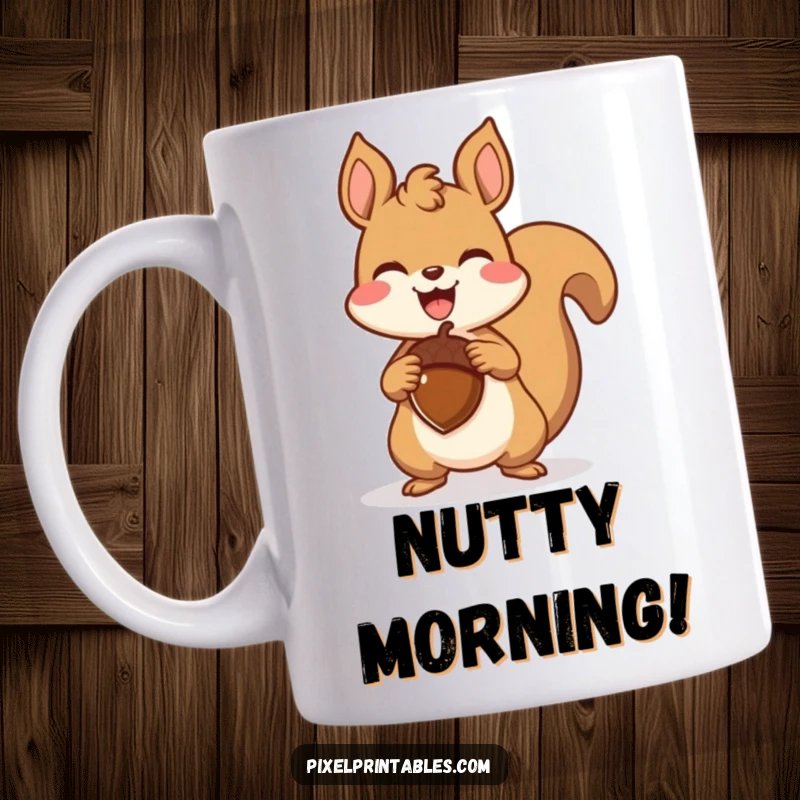 Funny pixelated squirrel triumphantly holding a pixelated acorn, a joyful retro gaming design on a mug.