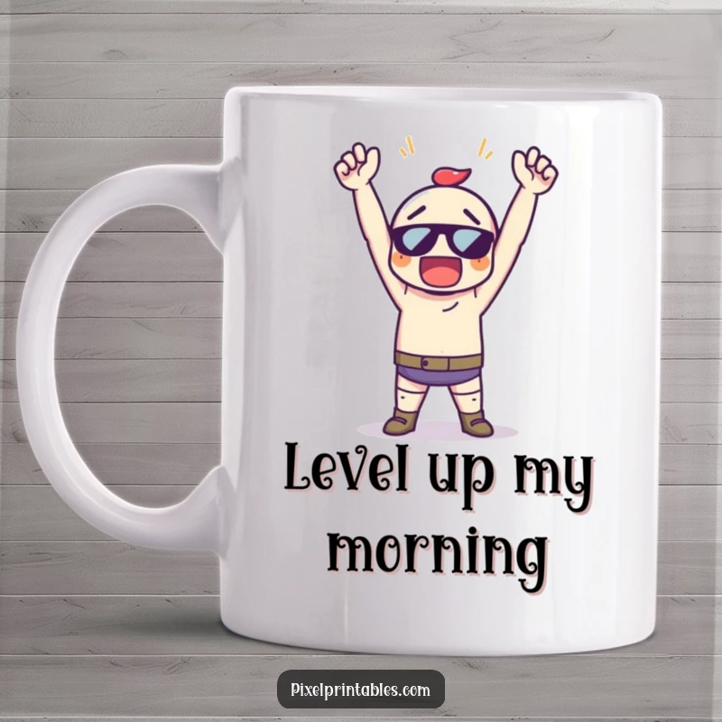 Funny Pixel Art Victory Mug, a pixelated character striking a triumphant pose with arms raised high in celebration.