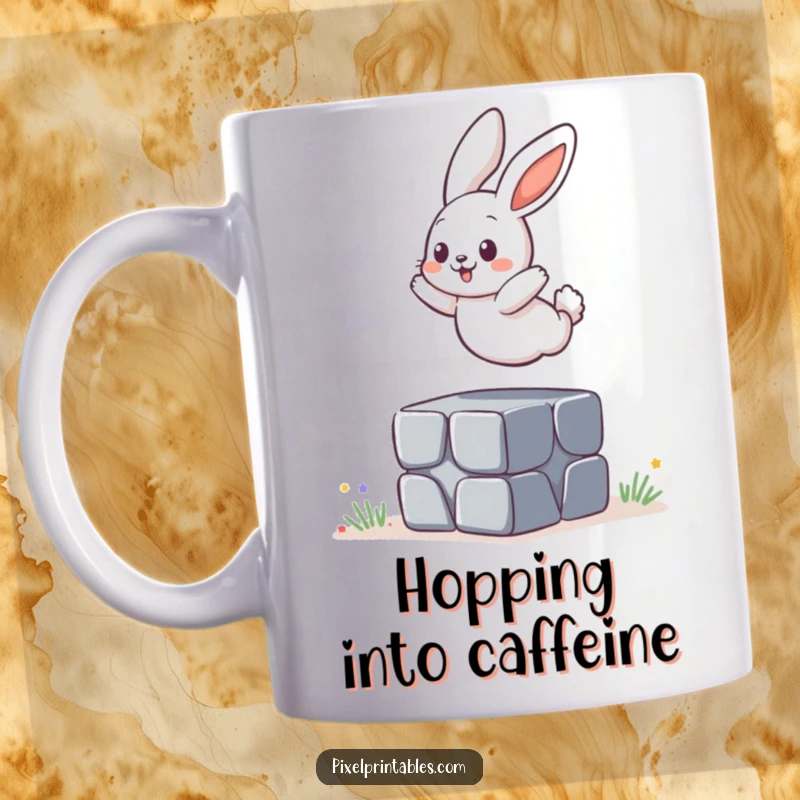 Funny Mug: A playful bunny mid-air, jumping over a pixelated block, conveying energy and fun.
